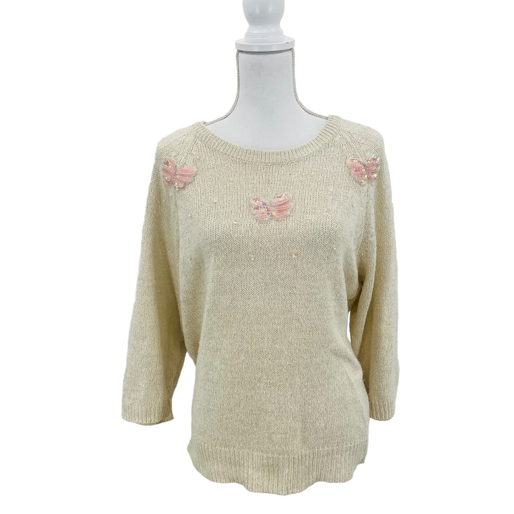 Nuggets Vtg Womens Knit Sweater Butterfly Sequins Metallic Silk Angora L